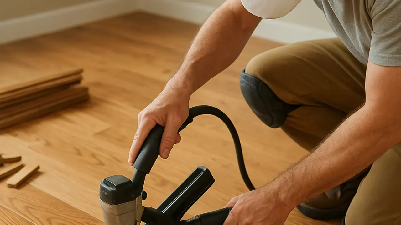 Hardwood Flooring in Abilene: Close-up of a hardwood flooring installer's hands expertly operating a pneumatic floor nailer